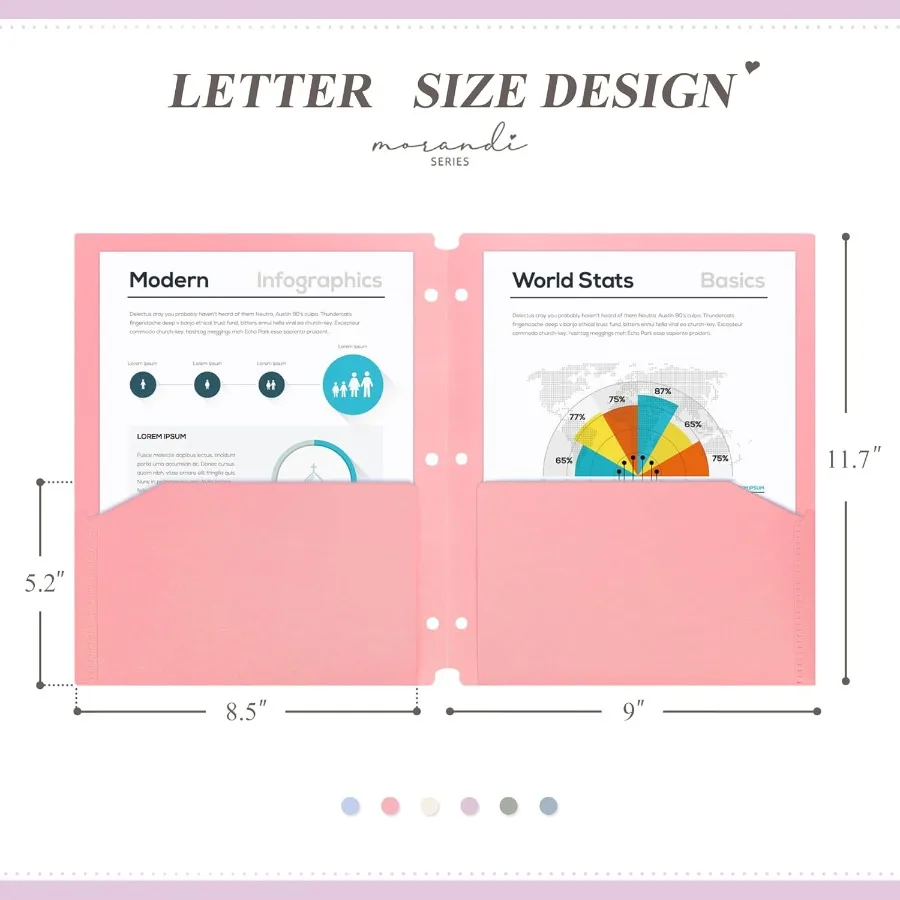 Plastic Folders with Pots Fit for 3 Ring Binder Letter Size Pastel Colors 6 Pack