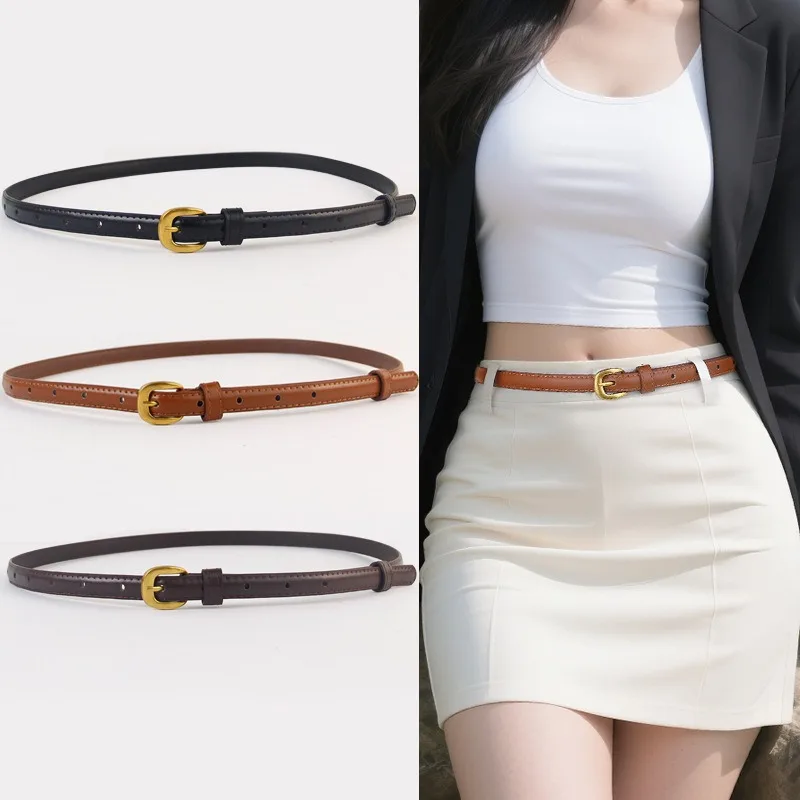 Fashionable Belt with a Luxurious Look for Dresses Stylish Trousers Simple Pin-Buckle Slightly Retro Slim Leather Belt