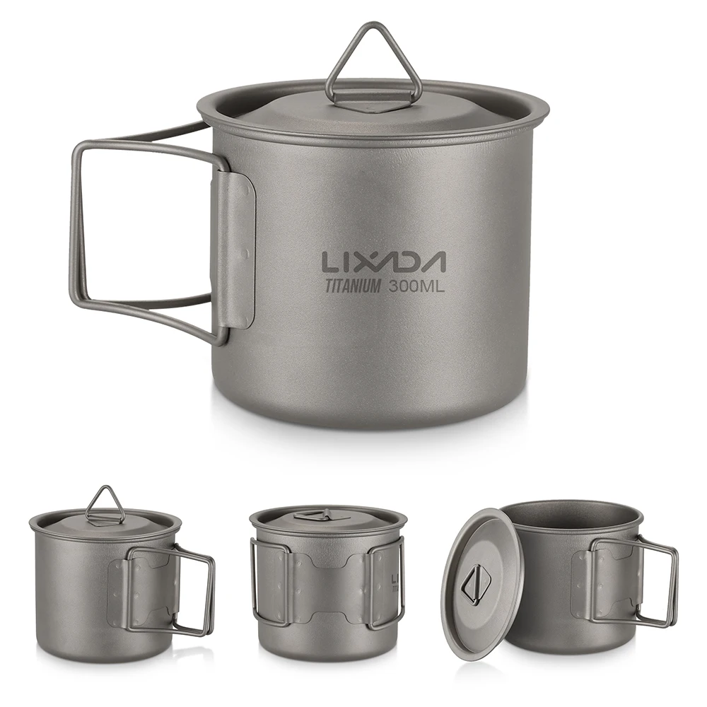 Lixada Ultralight Titanium Cup Outdoor Portable Camping Picnic Water Cup Mug with Foldable Handle 300ml/350ml/550ml/650ml