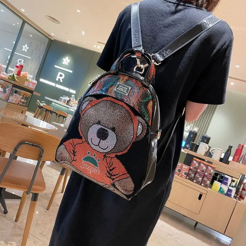 Real Leather Cute Backpack Bear Printting Women\'s Backpack Luxury Designer School Bags Ita Large Capacity Back Pack