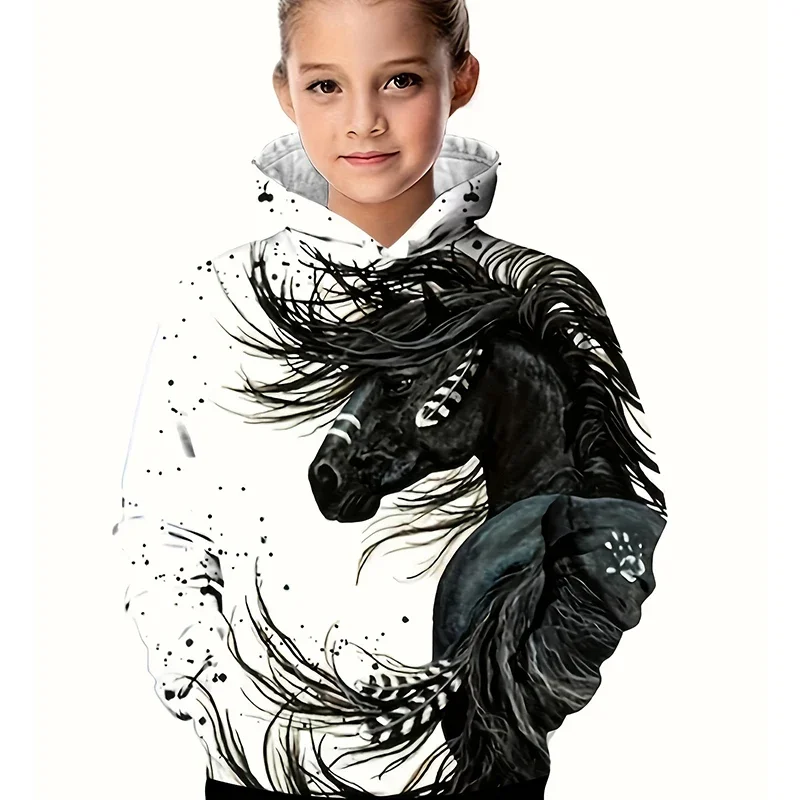 2024 Horse Graphic 3D Printed Hoodies For Girls Boys Casual Pullover Long Sleeve Hoodie Boy Girl Sweatshirt For Kids Hoodie Tops