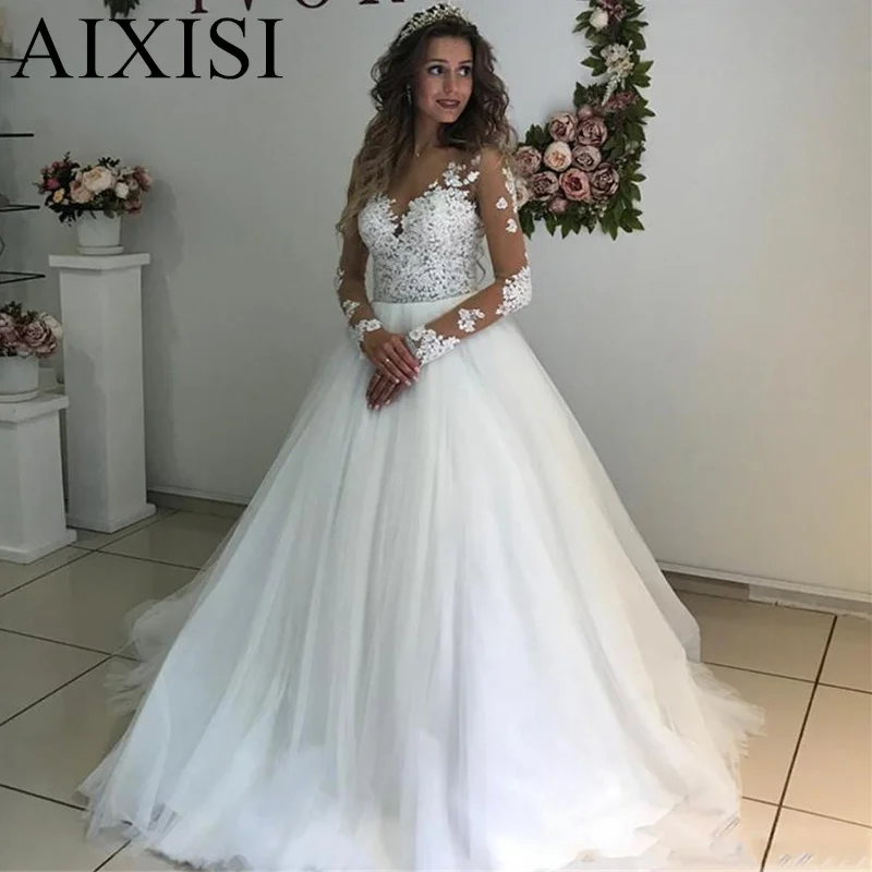 

Classic Wedding Dresses Appliques Vestido De Noiva Simple Tulle Bridal Gown Illusion O Neck Full Sleeve A-Line