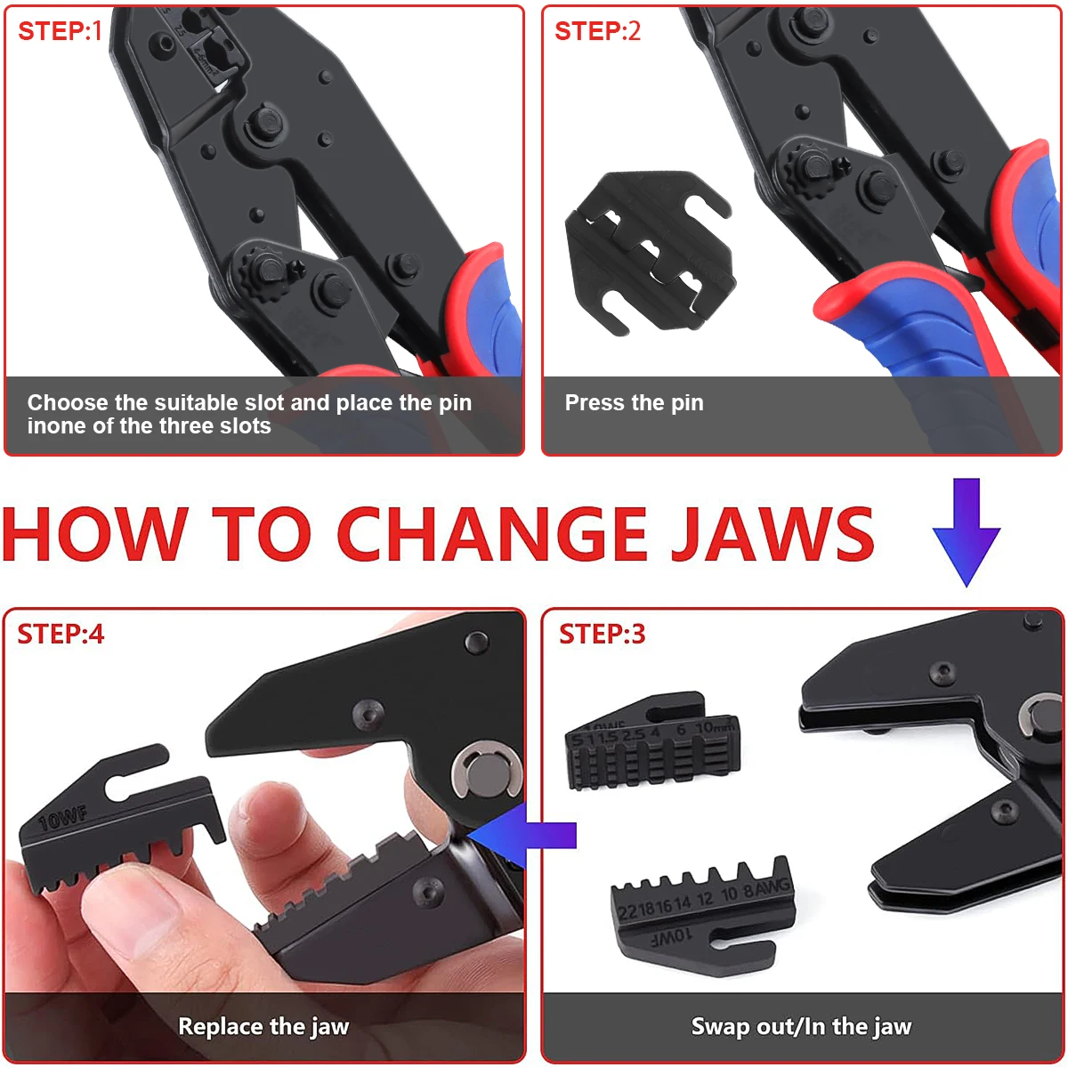 Crimping Tool VK-40J, Heat Shrink Crimping Tool Various Jaws for Ferrule Wire End,Open Barrel,Insulated and PV Conncetors