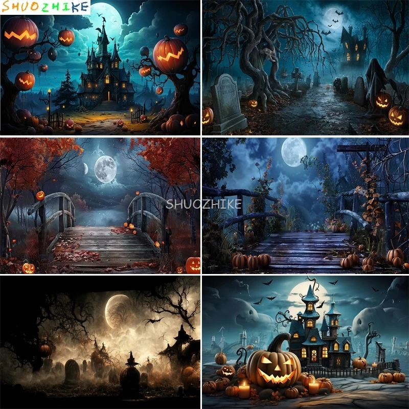 

Ghosts Jack-o'-Lantern Halloween Day Photography Backdrops Castle Demon Horror Pumpkins Moon Hallows-Eve Background KB-11