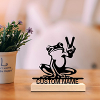 1pc Fun Personalized Custom Scissorhands Frog Metal Statues Metal Art With Wooden Base Suitable For Office, Bedroom, Living Room