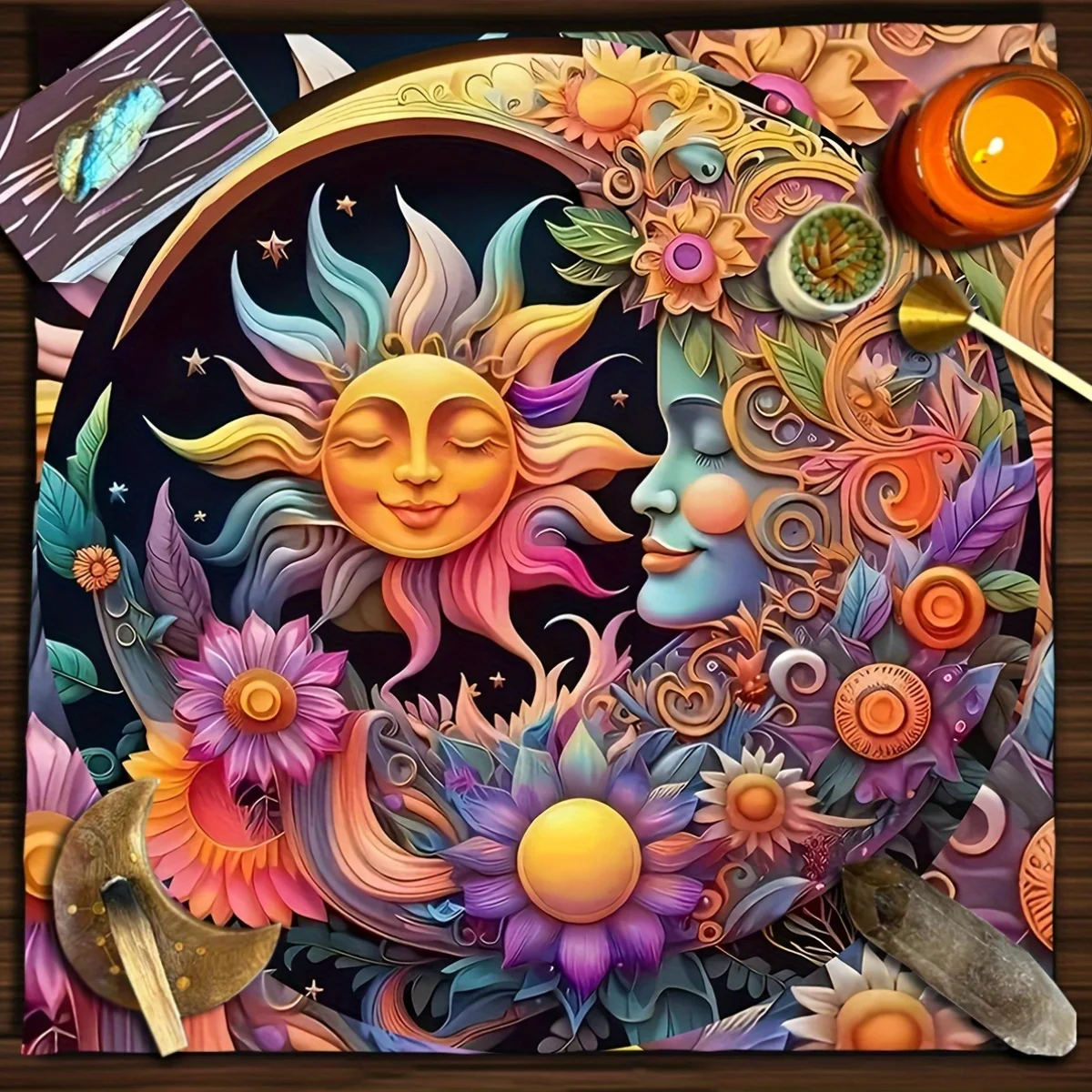 Vibrant Sun‑Moon Altar Cloth for Tarot Cards, Ideal for Tarot Readings, Boho Home Decor and Board Game Mat
