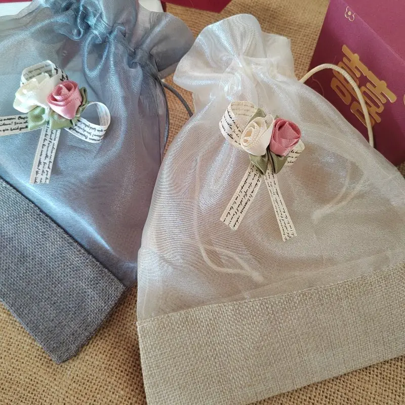 Linen and Organza Pouches with Two Floral Bow Decor,Rural Wedding Gift Packaging Bags,Large Size 17.5x22cm