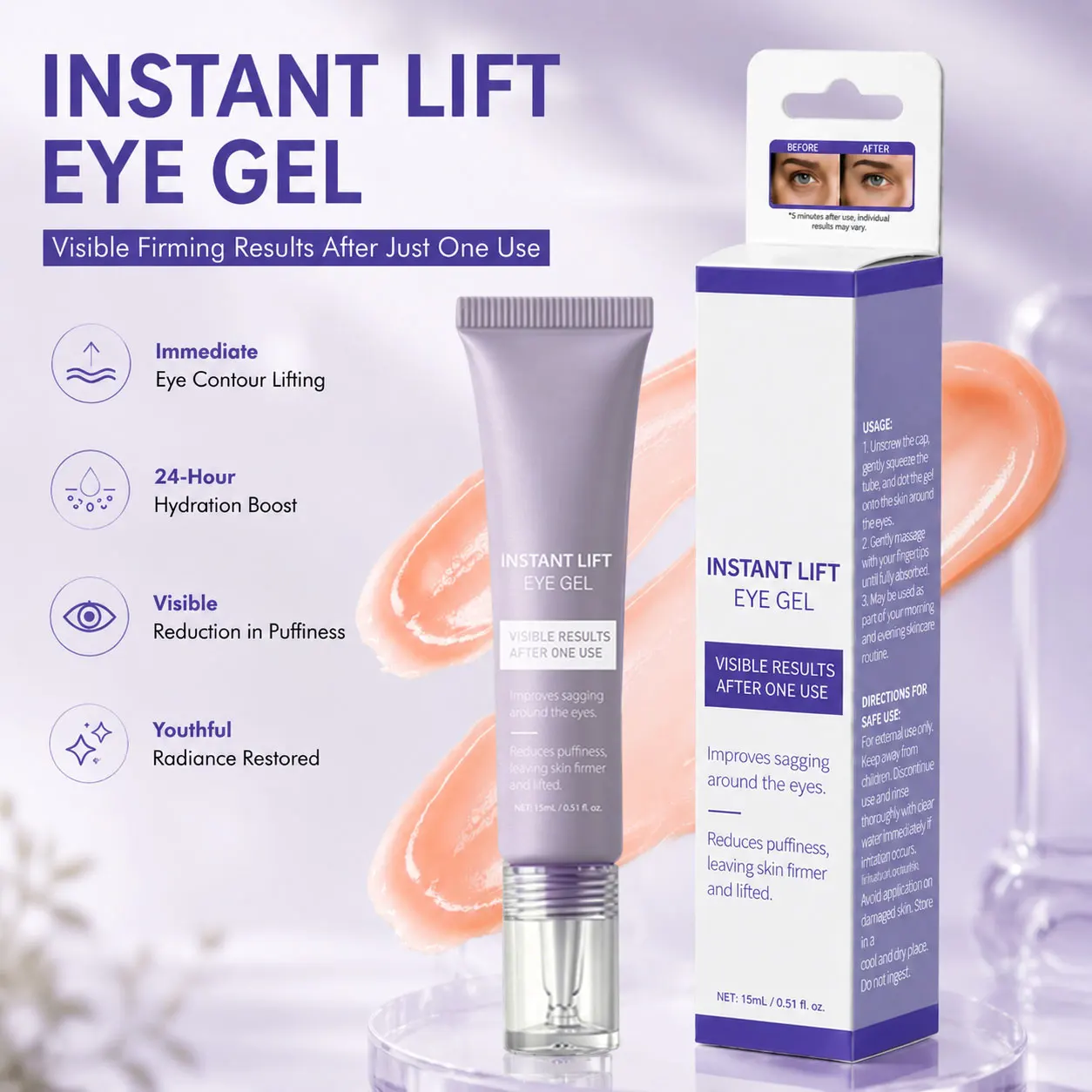 Instant Lift Eye Gel, For the Look of Puffiness & Bags, Fine Lines and Dark Circles, Skin Care for Unisex, Under Eye Brightener