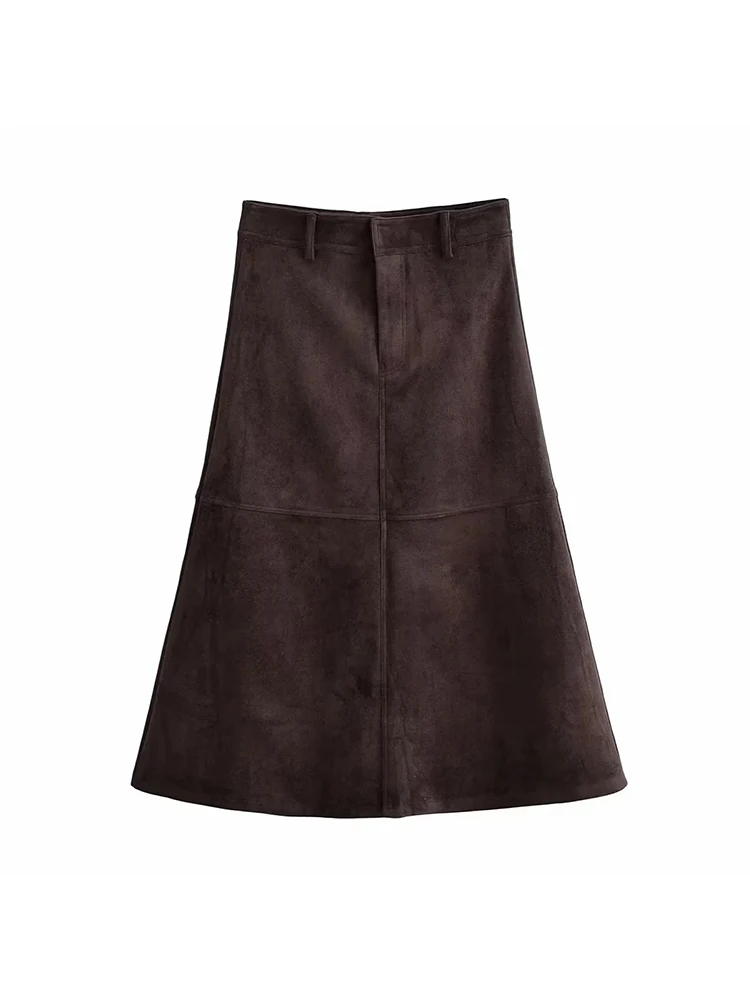 

Women's Coffee Suede Textured Half Skirt Female High Waisted A-Line Fashion Commuting Elegant Casual High Street Midi Half Skirt