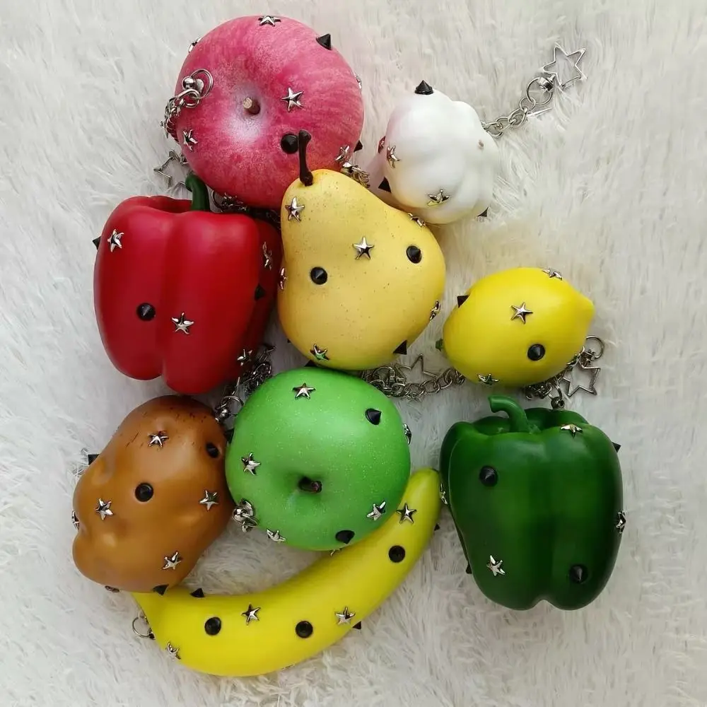 Fashion Y2K Simulation Fruit Keychain Metal Harajuku Star Rivet Bag Charm Pear Punk Pu Fruits Bag Pendant Hanging Accessory