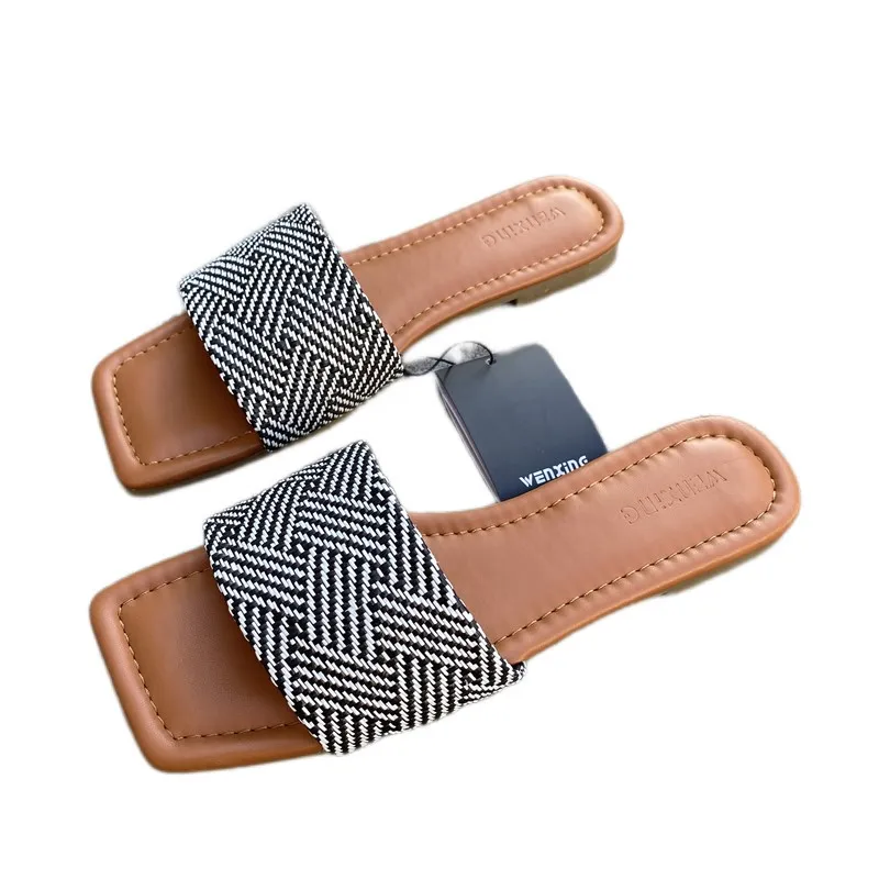 2022 Striped Straw Summer Women Slides Flat Sandals Vacation Beach Slippers Outdoor Flip Flops Square Toe Casual Shoes Female