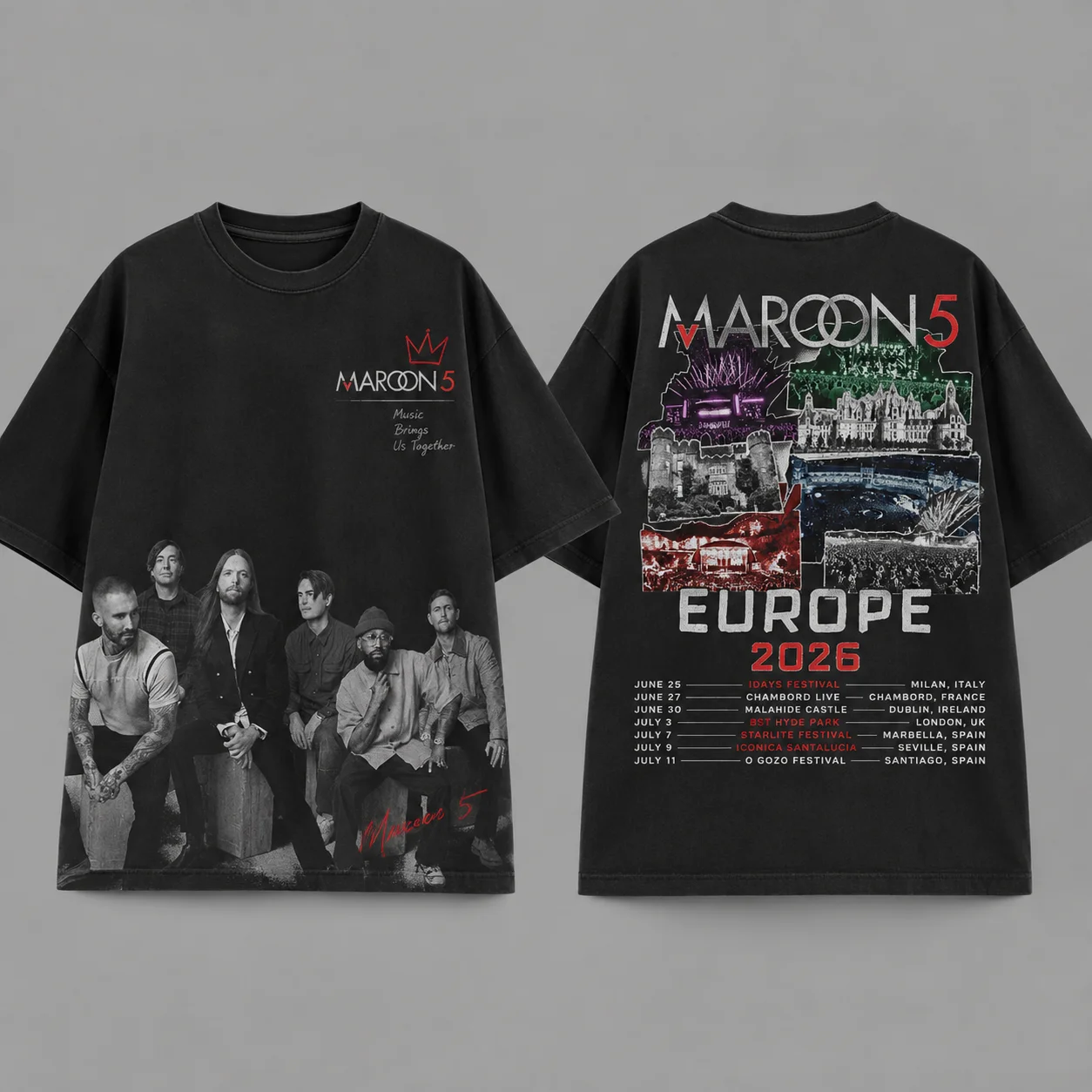 Maroon 5 Band Europe 2026 Tour Unisex Washed T-Shirt, Front & Back 3D Print, Y2K Street Casual Vintage Rock Short Sleeve Tee