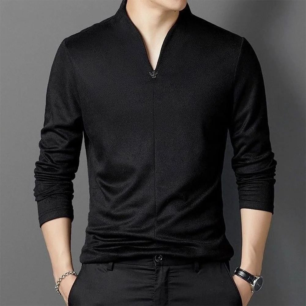 

Зимняя новая мужская однотонная футболка с v-образным вырезом и длинным рукавом в американском стиле ретро, модный свободный повседневный нишевый мужской топ High Street