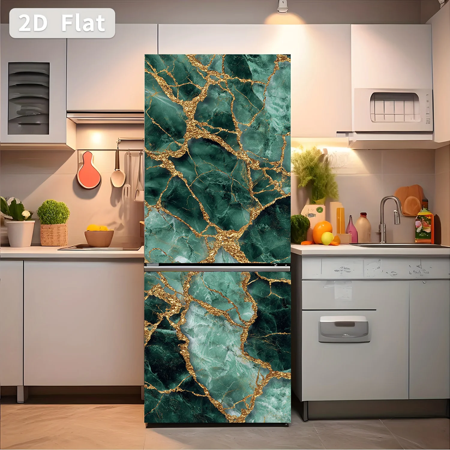 Refrigerator Sticker Emerald Golden Vein Stone Themed Design Wall Decal Self-Adhesive Wallpaper Suitable for Cabinets and Ward