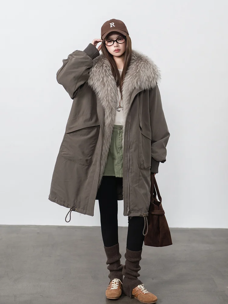 سترة نسائية شتوية غير رسمية طويلة من ريش الإوز معاطف بياقة من فراء الراكون الطبيعي سترات منتفخة معاطف خارجية #6