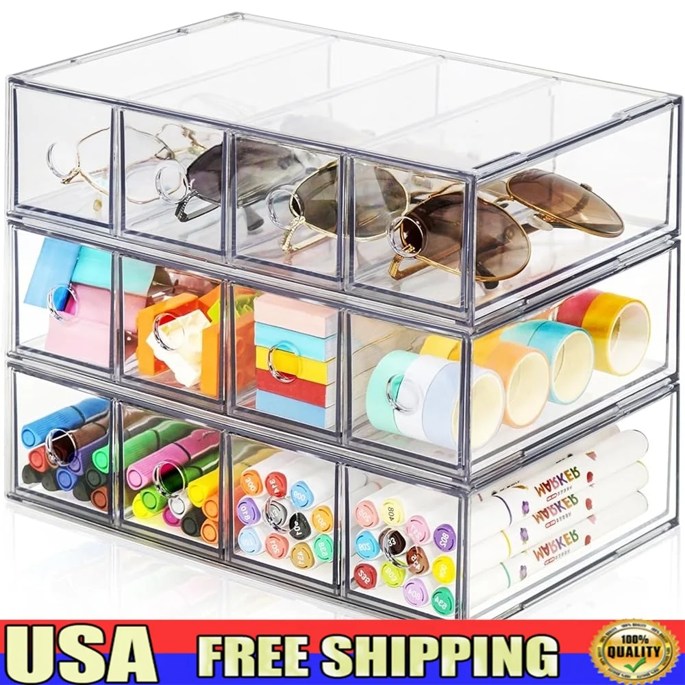 

12 Drawer Desk Organizer Stackable Acrylic Storage Box Removable Drawers Clear Sunglasses Office Home Supplies Sorter
