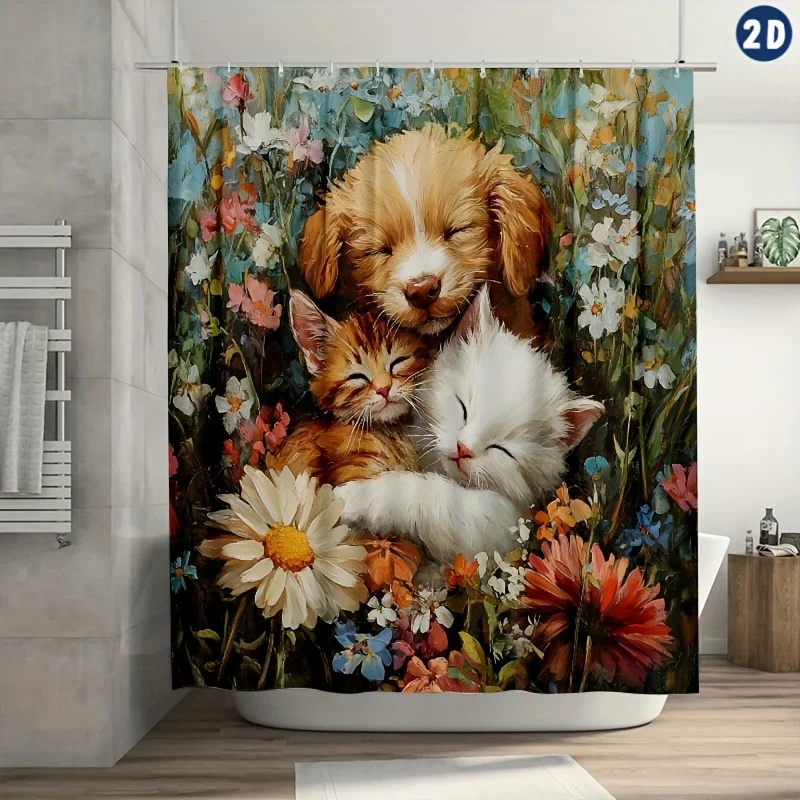 

Adorable Pets in Floral Garden Waterproof Shower Curtain - Charming Design for a Cozy Bathroom Décor Experience