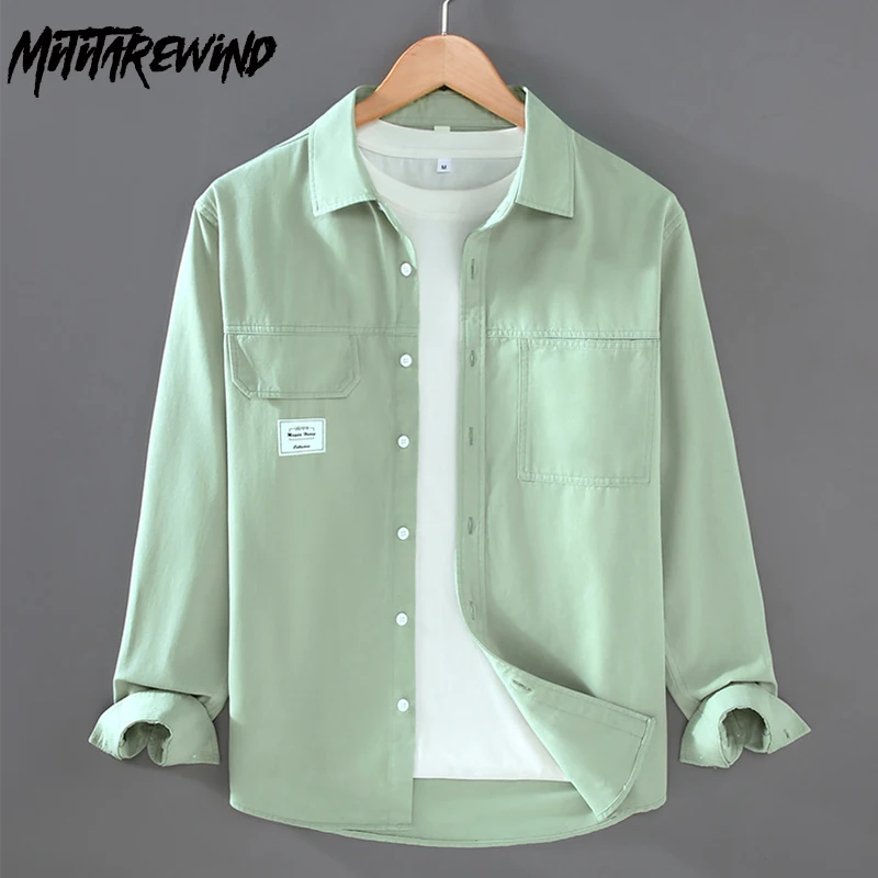 

Японская модная мужская рубашка с длинным рукавом с лацканами и двойными карманами, рубашки-карго для мужчин, повседневная куртка из чистого хлопка, винтажная зеленая рубашка