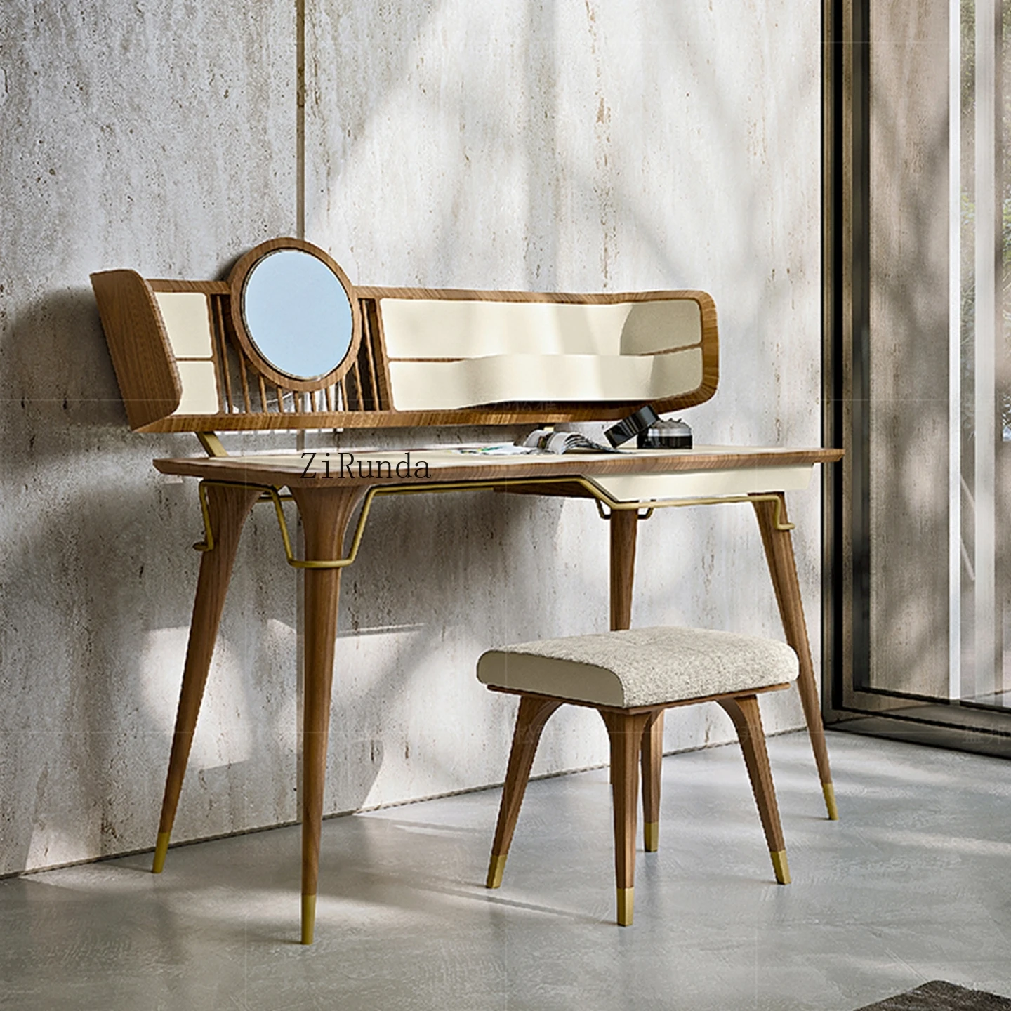 Meja Rias Walnut dengan Cermin Rias Meja Rias Bangku Rias Modern