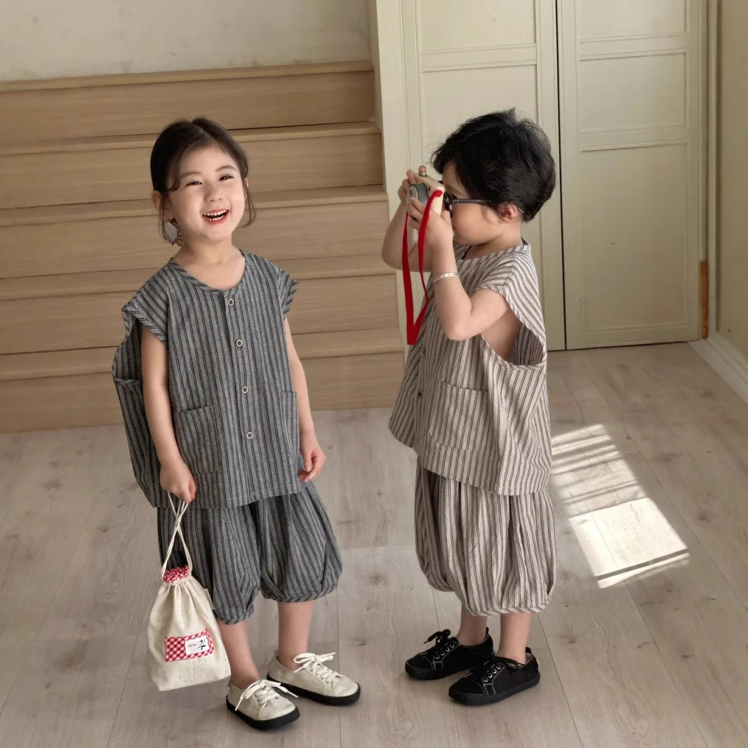 Summer Children Outfits Muslin Line Striped Single Breasted Kid Boys T-shirts Suit Loose Soft Half Pant 2Pcs Set Sibling Attires