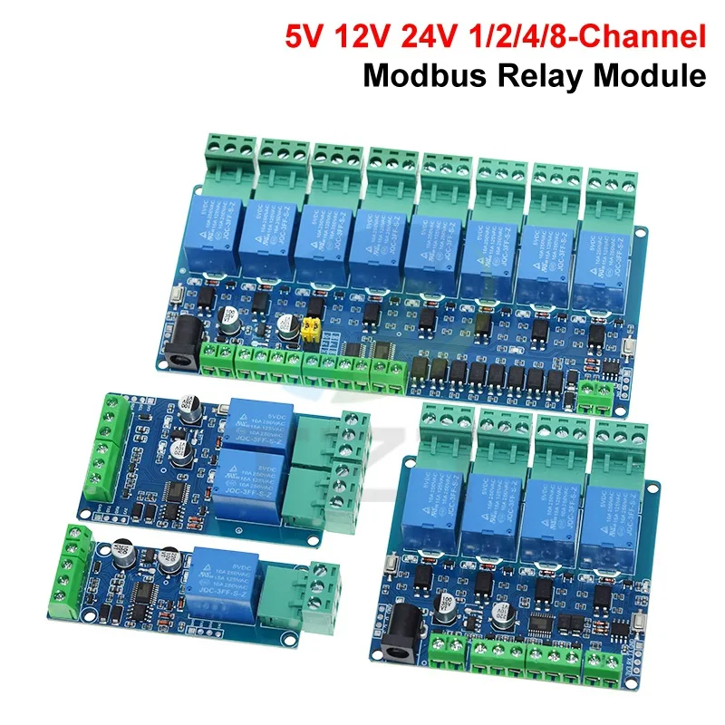 Module de relais Modbus-RTU 1/2/4/8 canaux 10A 5V 12V 24V, commutateur d'entrée et de sortie, Isolation optocoupleur, Communication RS485 TTL
