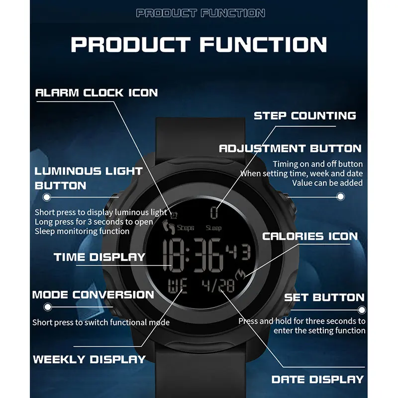 Fashion Sanda Top Luxury Outdoor Men Student Fitness Sports Pedometer Calories 50m Waterproof Led Digital Military Wrist Watches