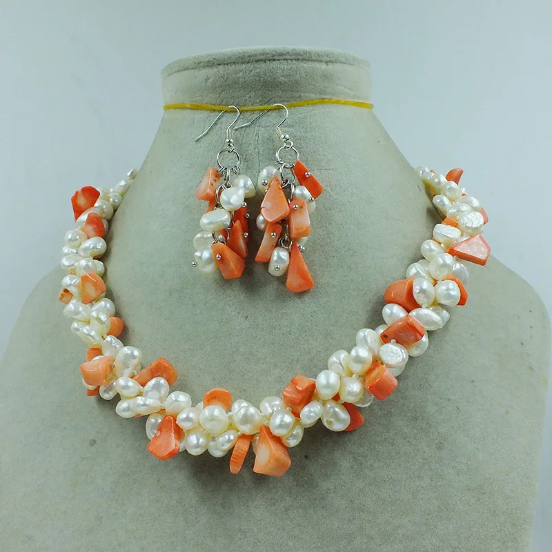 

3 strand 8mm natural white Baroque pearl coral necklace earring set