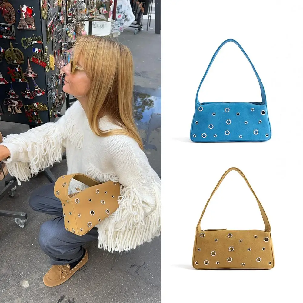 

Luxury Designer Suede Shoulder Bags 2024 Vintage Commuter Rivet Tote Bags Crescent Underarm Bag Solid Color Trendy Armpit Bag