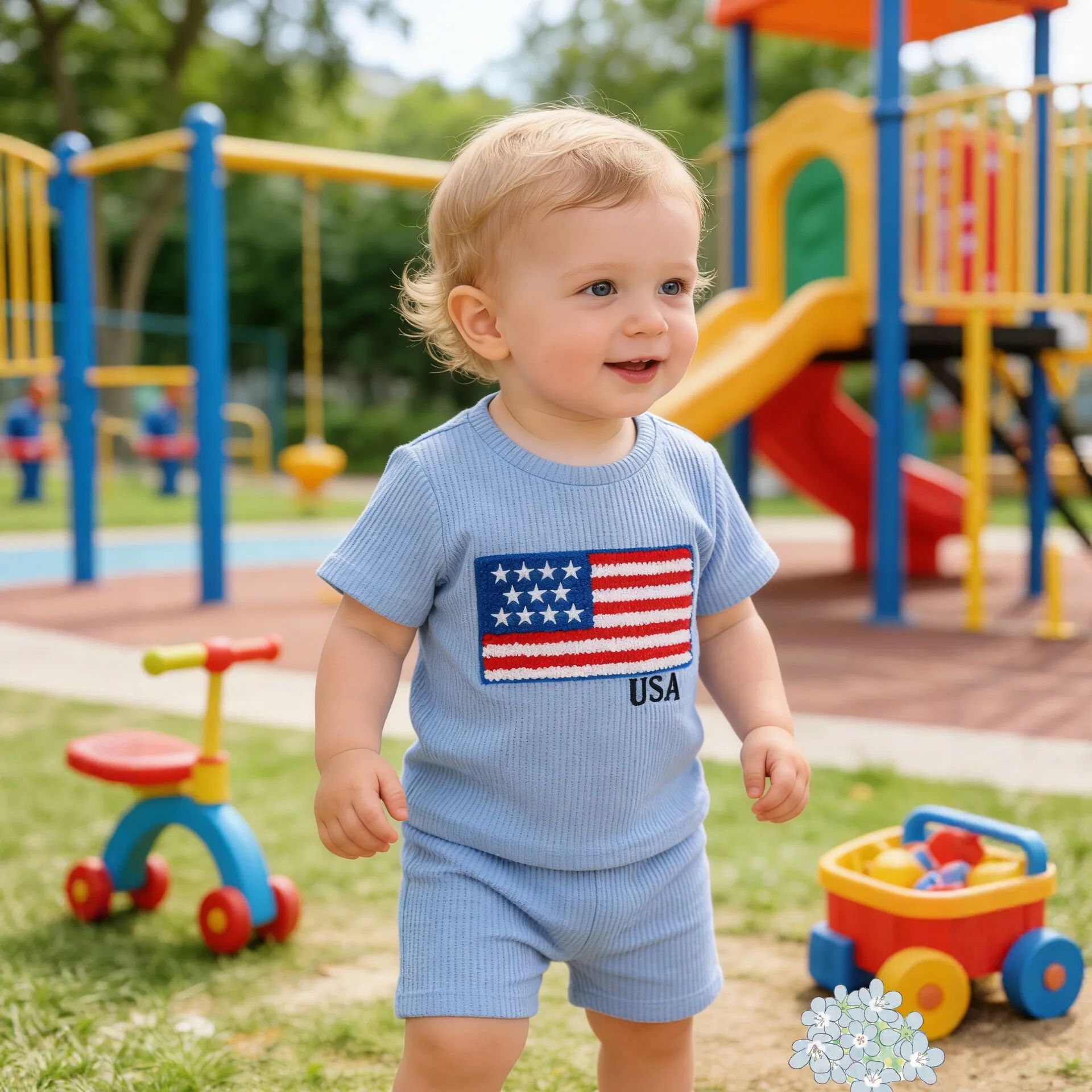 Spring/Summer Unisex Infant Waffle Embroidered Blue Short Sleeve Set Independence Day