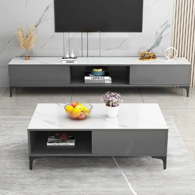 Modern Luxury Living Room Coffee Tables Simple Design Black White Glass Tv Stand and Coffee Table Set for Sale