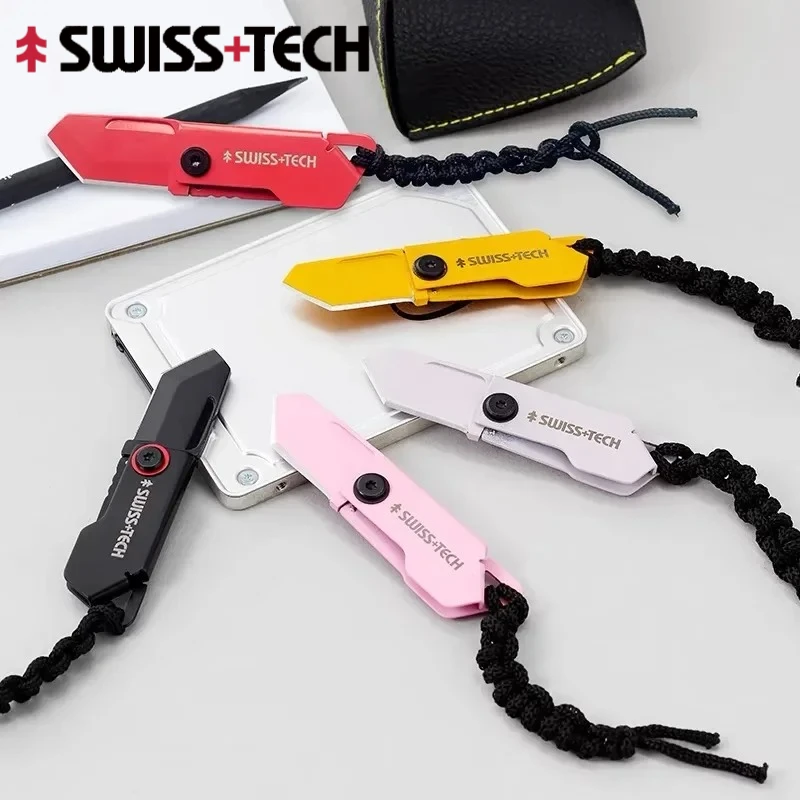 SWISS TECH Mini Pocket Knife Folding Keychain Unpacking Knives Outdoor EDC Knifes Utility Box Cutter with Portable Rope Lanyard