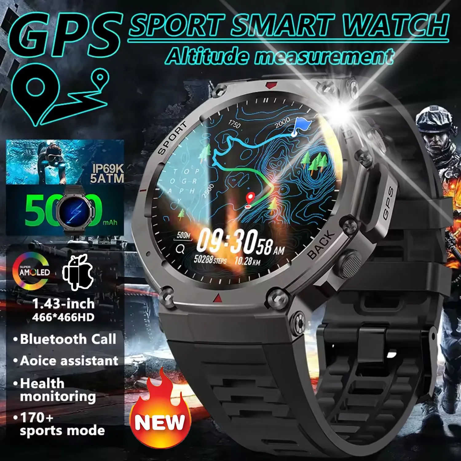 New 500mAh High Battery Compass Smart Watch 466*466 1.43 AMOLED Full Touch Screen 5ATM Waterproof GPS 170+ Sports Modes for Men
