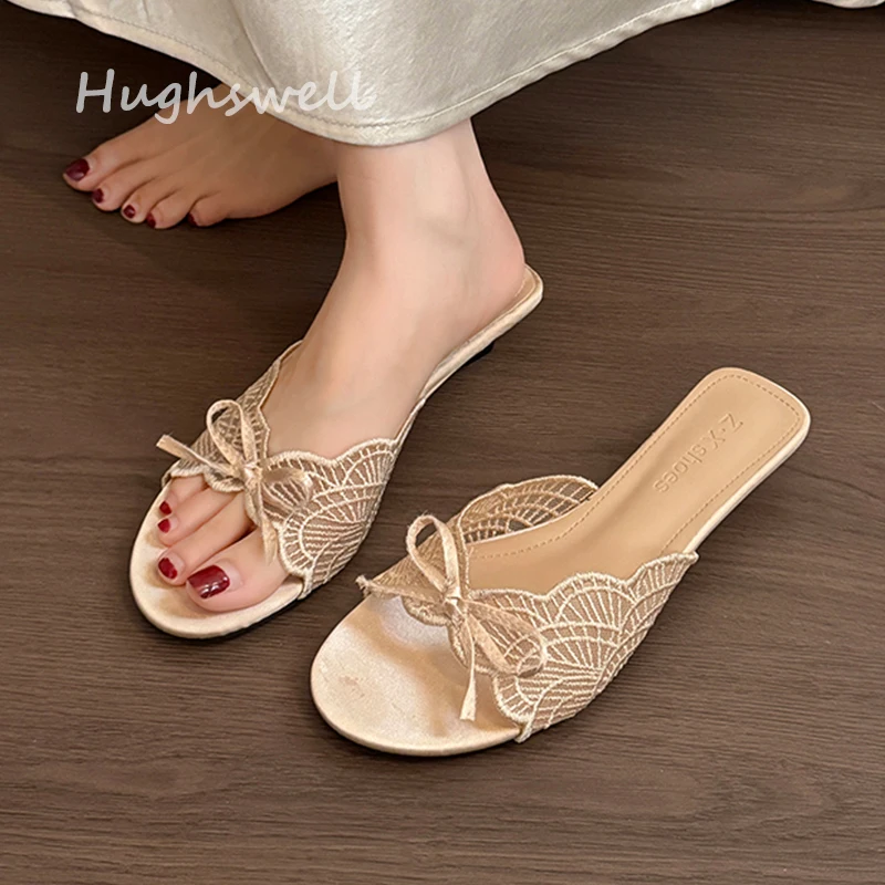 Luxury Champagne Gold Lace Crochet Mule Slide Woman  Elegant Brand Design Round Toe Low Heel Satin Silk Evening Party Dress Shoe