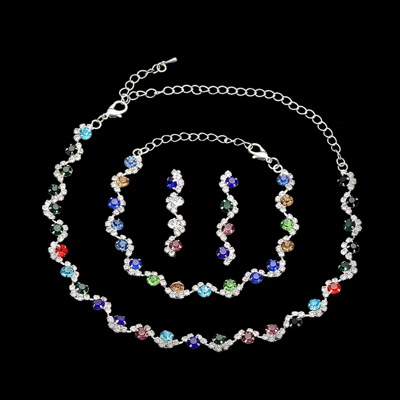 

Silver Plated Claw-chain Rhinestone Jewelry Set Matching Necklace Earrings Jewelry Multi-color Necklace Earrings Fashion Simple