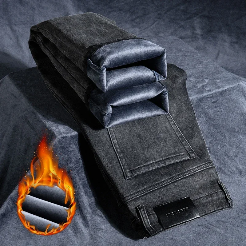 2026 Winter Black Gray Men's Fleece Jeans Thickened WarmJeans Loose Straight Denim Pants Classic Velvet Trousers Brand