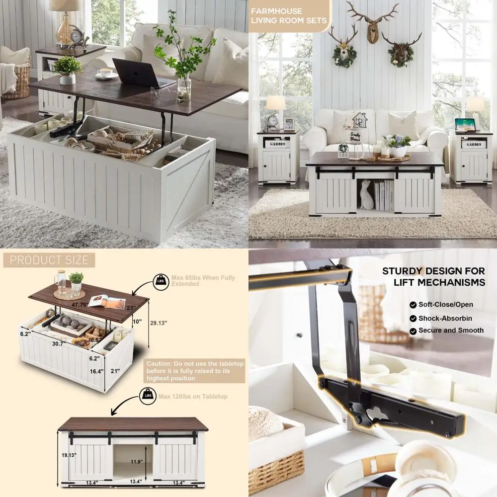 

Rustic Double Storage Farmhouse Style Coffee Table with Lift Top and Sliding Barn Door Feature
