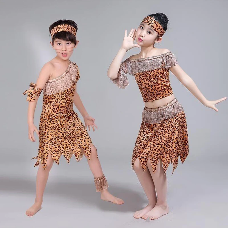 

Leopard Print Dress For Boys Children Indian Costume Halloween Cosplay Kid African Clothes For Kids Girls Show Stage Performance