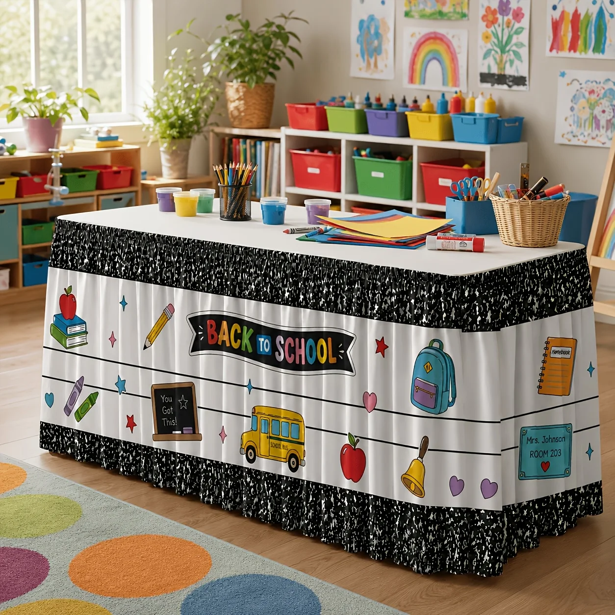 1 tablecloth, back-to-school season, school bus stationery printing, suitable for classroom activities, teacher's office
