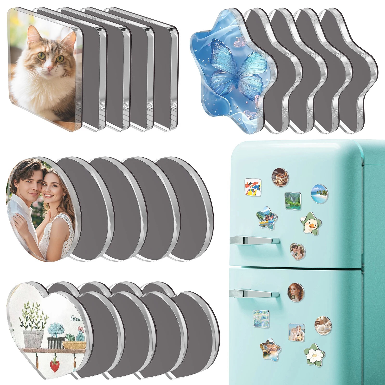 20 Pcs Custom Fridge Magnet DIY Acrylic Refrigerator Magnet Kit with Double Sided Adhesive Clear DIY Fridge Magnets Kit for Home