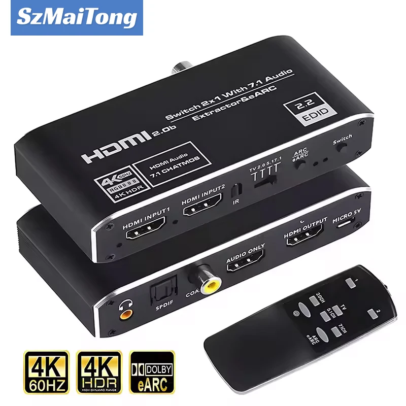 2x1 4K 120Hz HDMI Switch eARC Audio Extractor ARC Optical Toslink HDMI 2.0 Switch 4K 60Hz HDMI Switcher Remote for Apple TV PS4