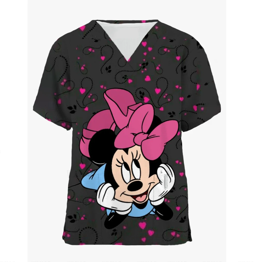 Hospital Staff Nurse Uniform Women's Stitch Mickey Mouse Print Casual Short Sleeve V Neck Paramedic Tops Medical Uniform Supplie