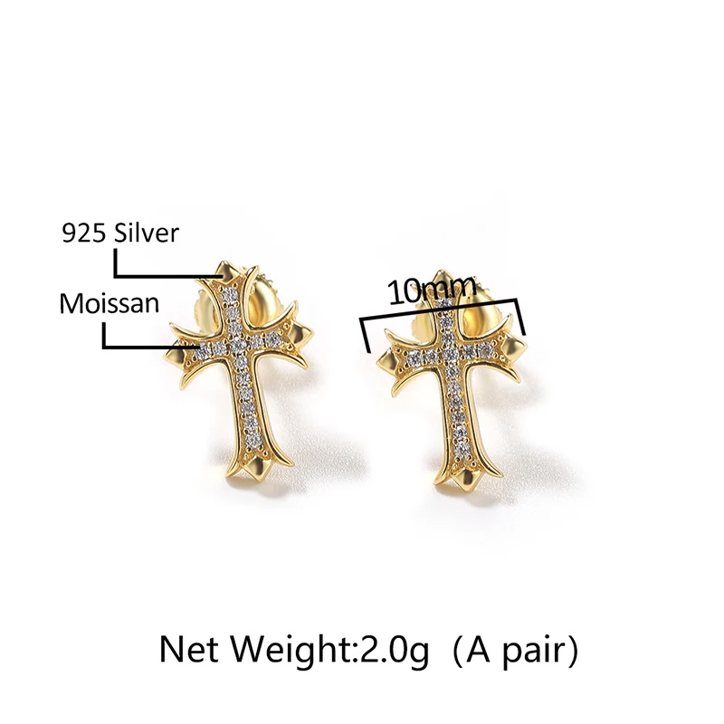 1 Pair Moissanite S925 Sterling Silver Solid Retro Cross Stud Earring for Men Hip Hop Earrings Bling Ice Out Rapper Jewelry