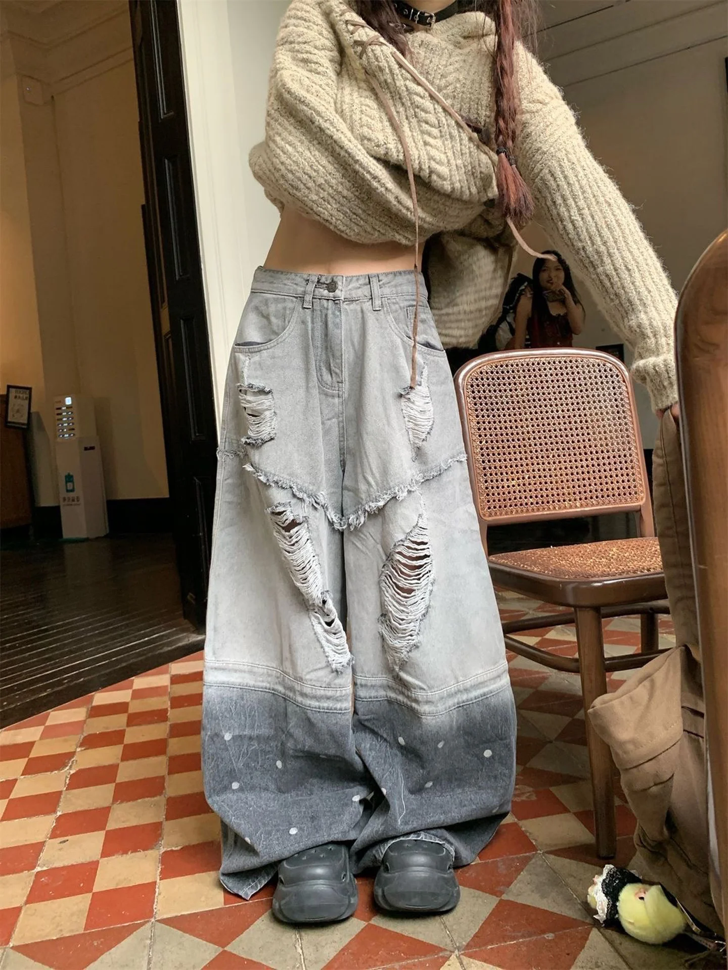 American Style Vintage Patchwork High Waist Loose Women's Jeans Design Sense Wear Resistant Wide Leg Pants Floor-Length