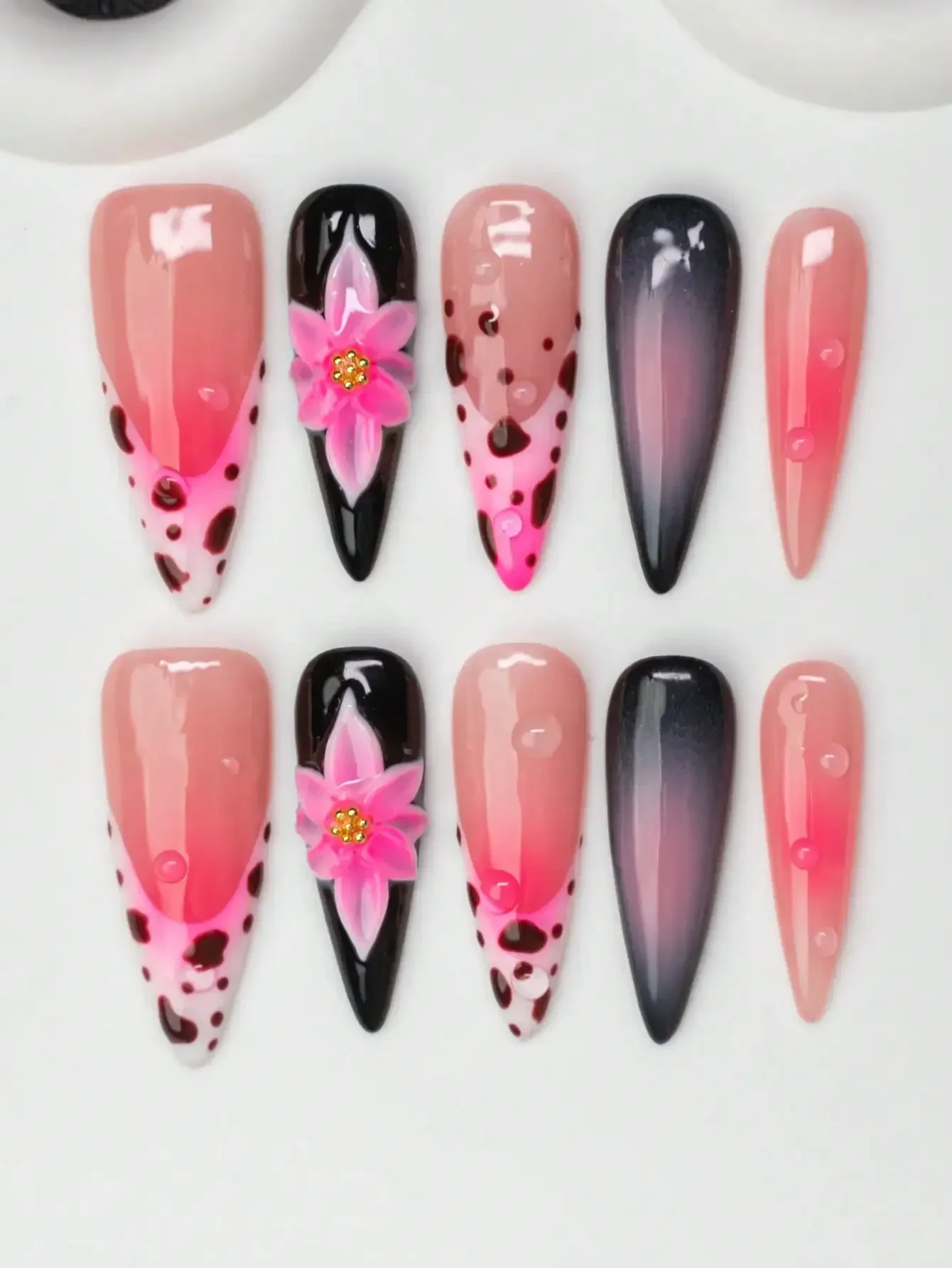 

10pcs/Set Handmade Almond-Shaped Y2K Baddie Style Press-On Nails, Nude, Black, Pink Colors With French Tips, Floral, Cream Textu