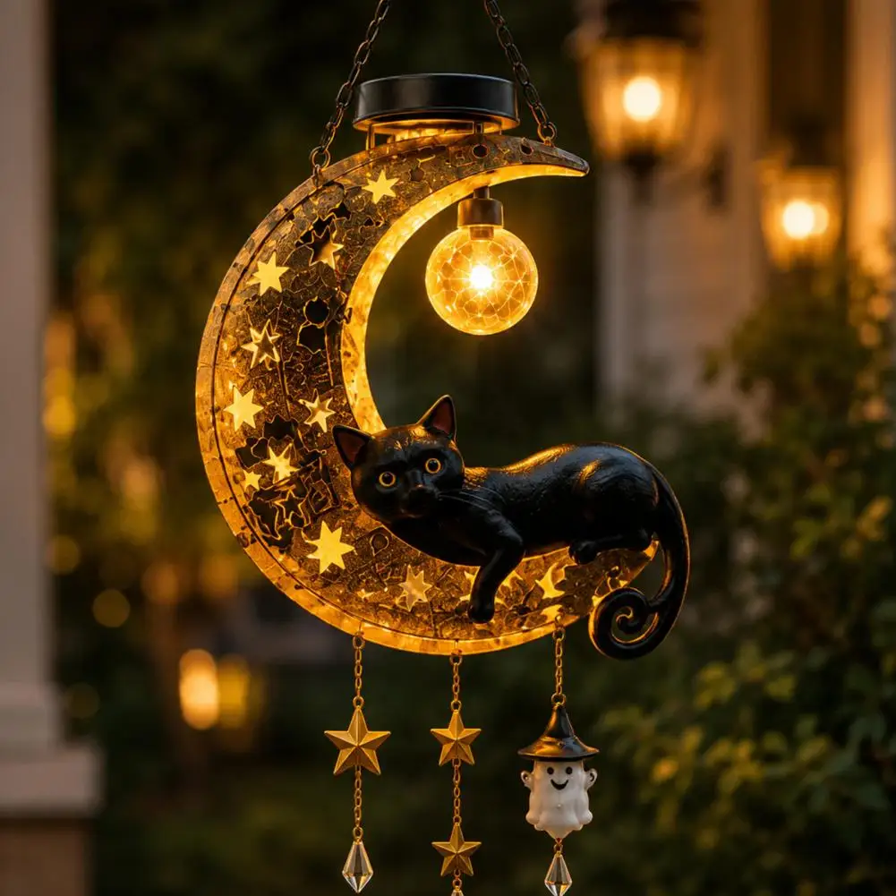 Solar Moon Cat Garden Statue Gift for Family Friends Solar Halloween Moon Cat Lamp with Ghost Star Charm Outdoor Hanging Moon