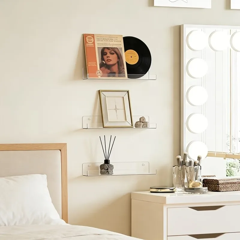 1/2Set Acrylic Clear Floating Shelves Wall Storage Self-Adhesive Storage Rack Wall for Bathroom Bedroom Living Room Display Boo