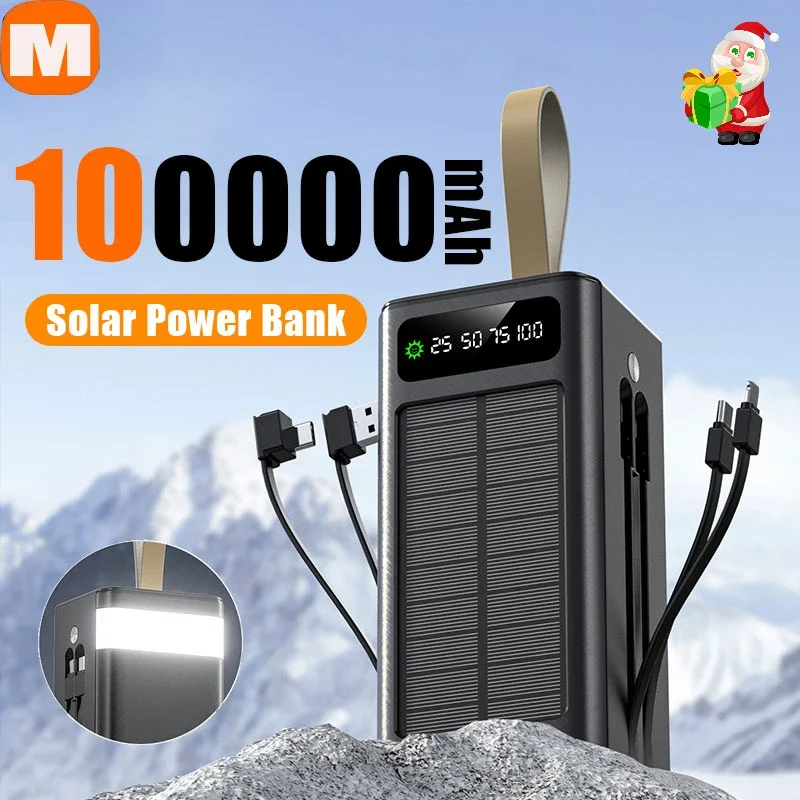 

100000mAh Thicken Solar Power Bank Big capacity Built-in Cables External Battery LED Light Power Bank for iPhone Huawei