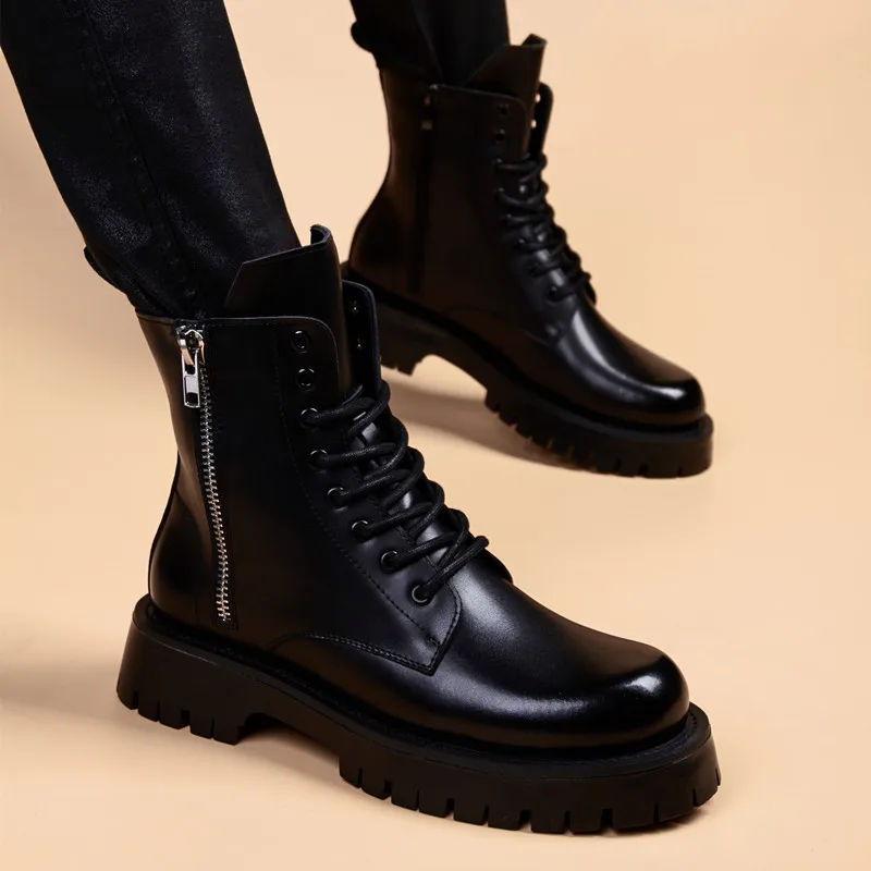 big size men's fashion high motorcycle boots black stylish autumn winter shoes cowboy genuine leather boot platform botas hombre