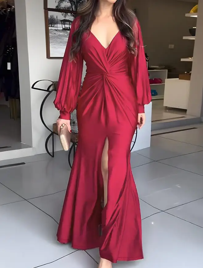 

Womens Dresses 2025 Spring Sexy Deep V-Neck Split Sleeve Front Twist Slit Evening Dress Cinched Waist Zipper Back Party Dress