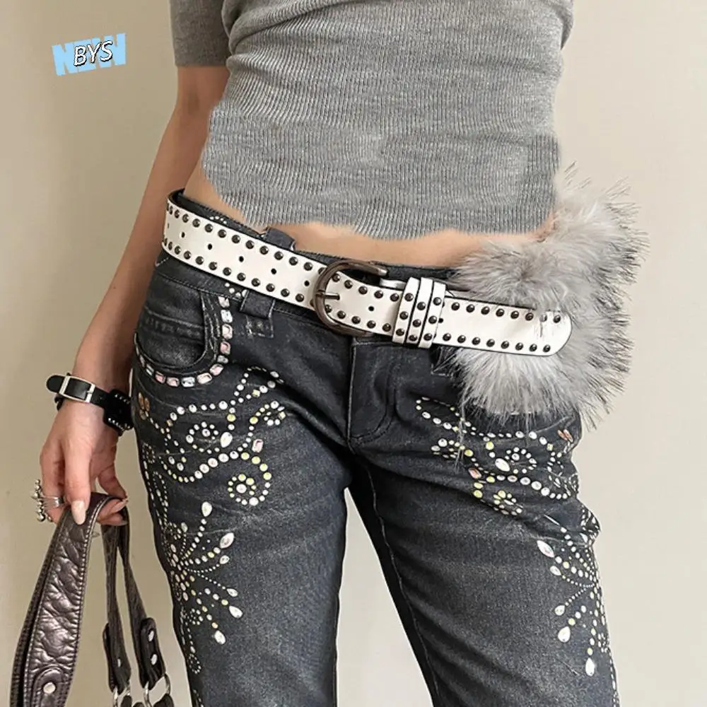 

Personality Rivet Leather Fur Belt Western Style Punk Y2K Waistband Versatile Faux Fur Plush Belt Daily